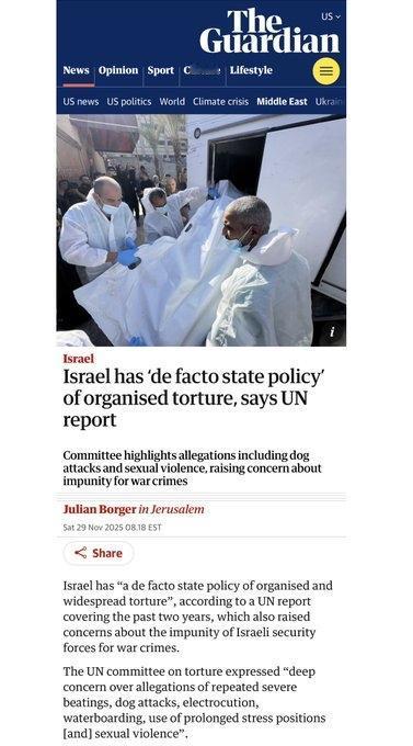 联合国反酷刑委员会发布报告，指出以色列有事实上的国家政策，对被羁押的巴勒斯坦人实