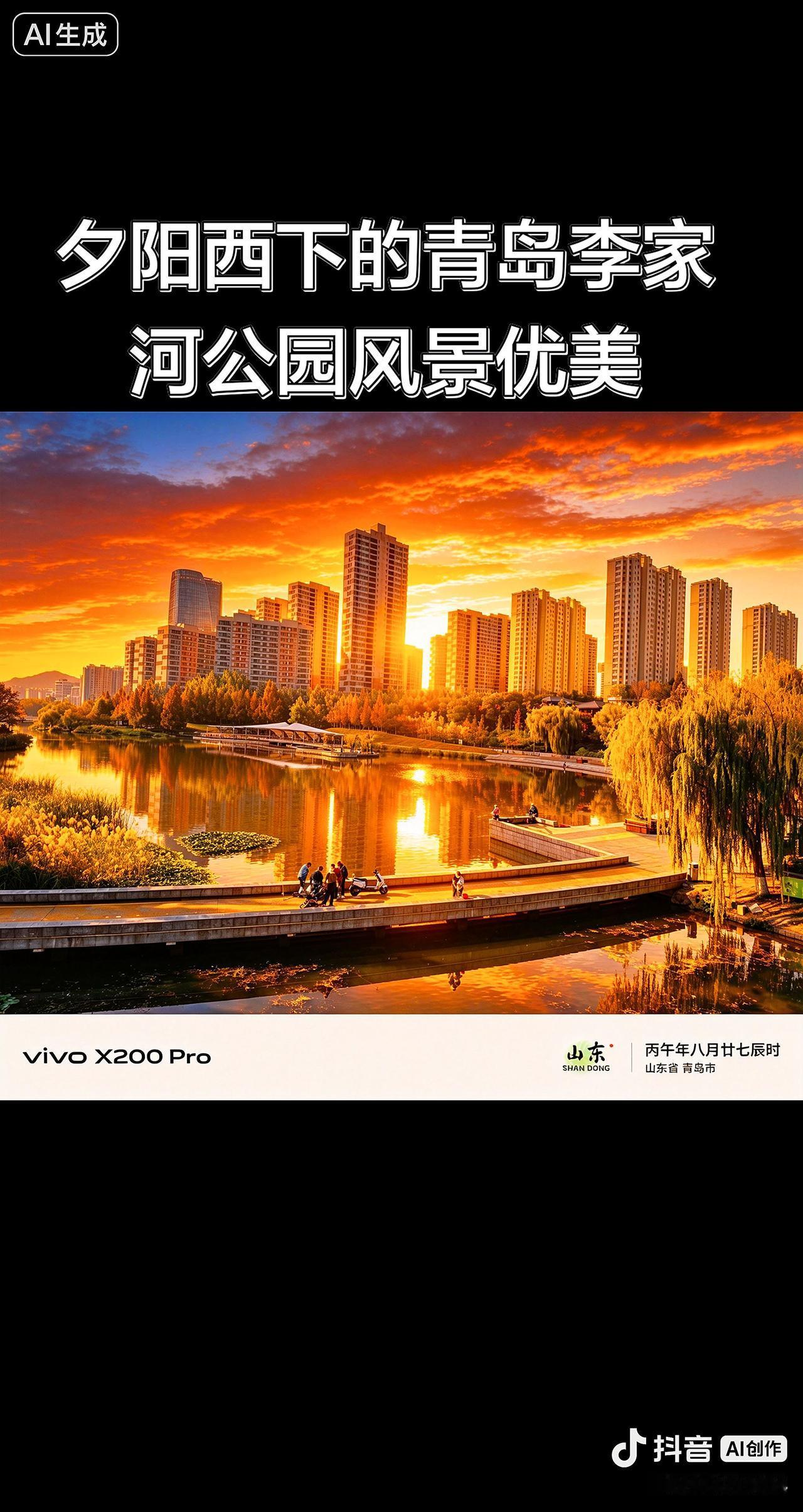 青岛李沧区李家河公园。晚霞落日