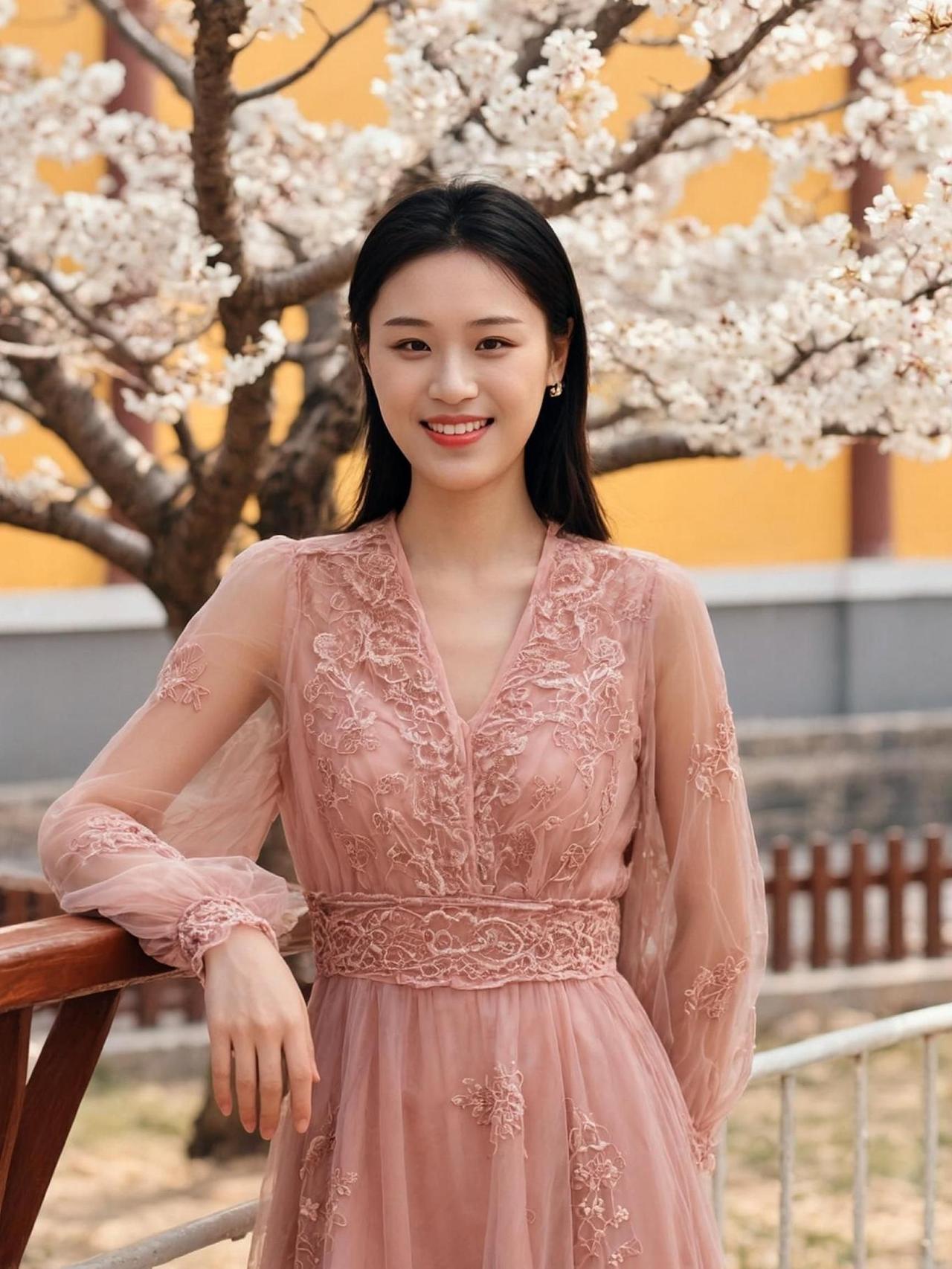 樱花纷飞的季节，风轻轻拂过发梢，像一场温柔的告白。她站在树下，裙摆微扬，仿佛时光