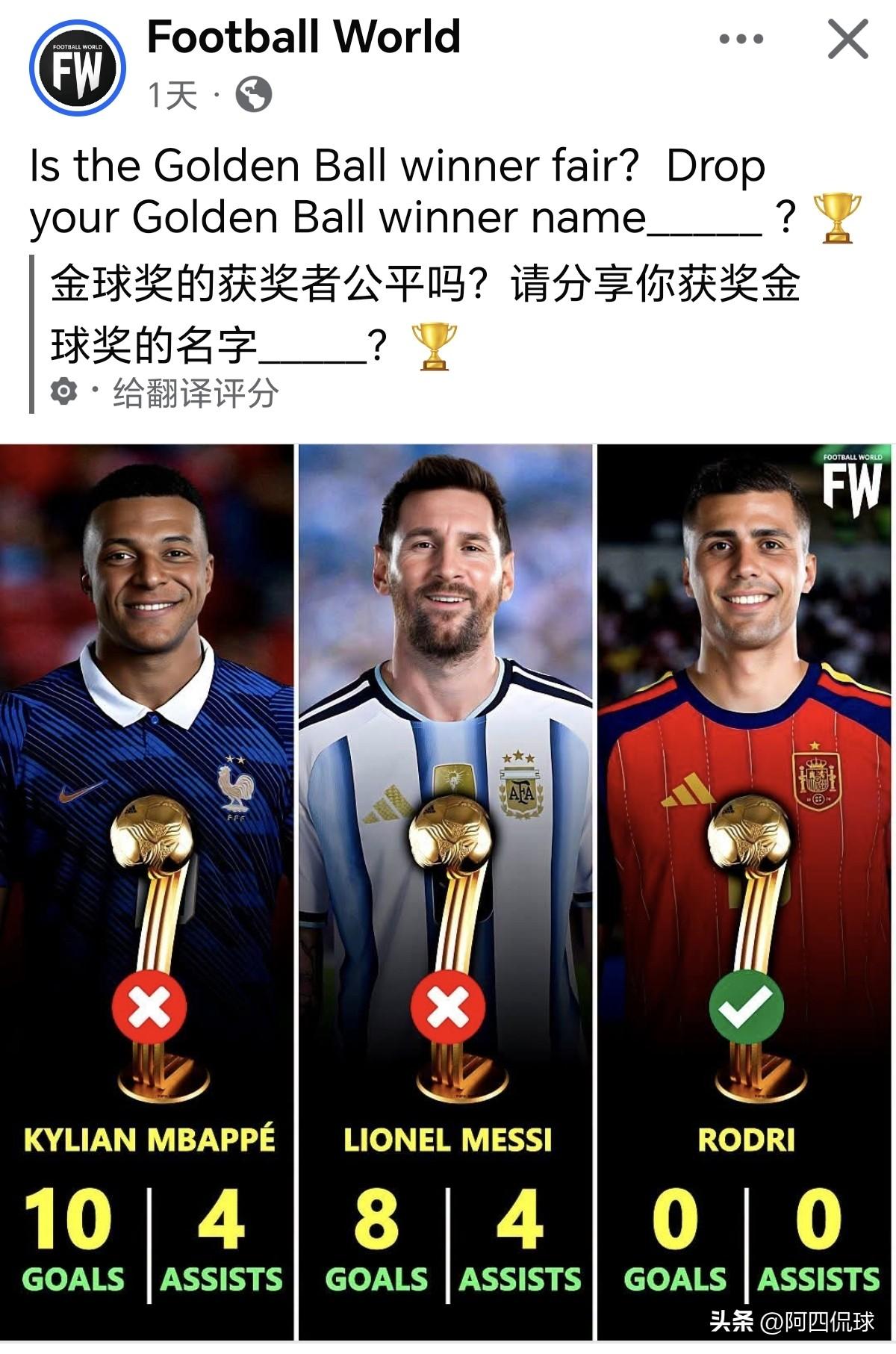 美加墨世界杯金球奖受质疑，10球4助攻的姆巴佩和8球4助的梅西没有拿到金球奖，金