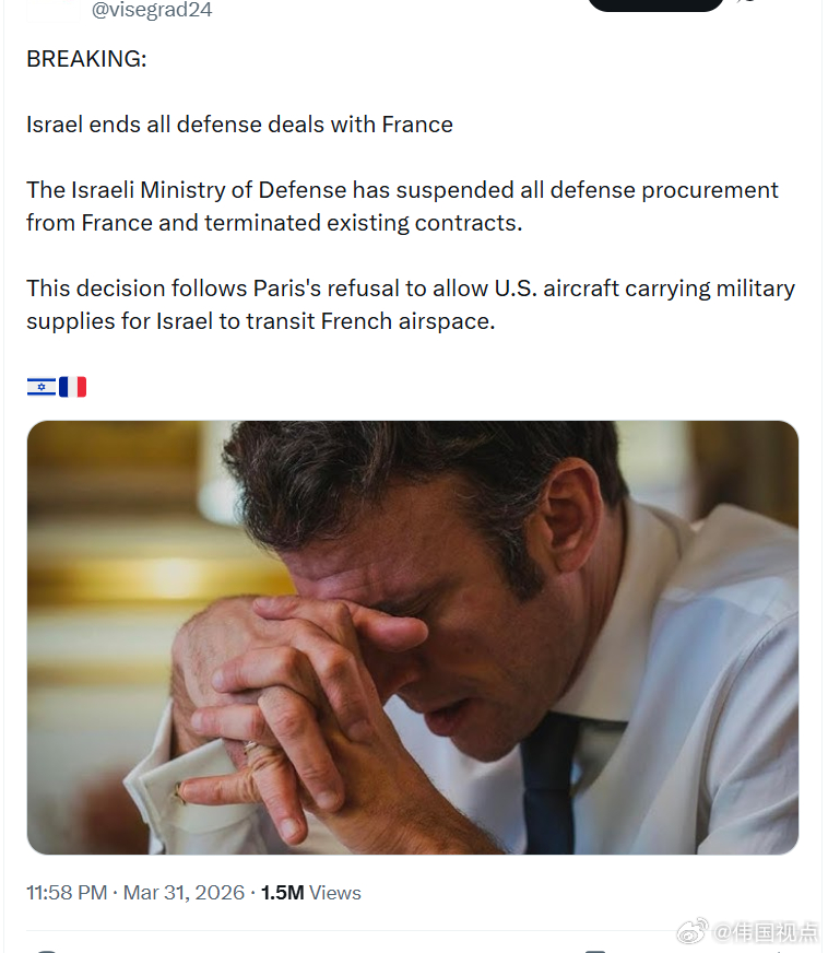 以色列终止与法国的所有国防合作协议以色列国防部已暂停从法国进行的所有国防采购，并
