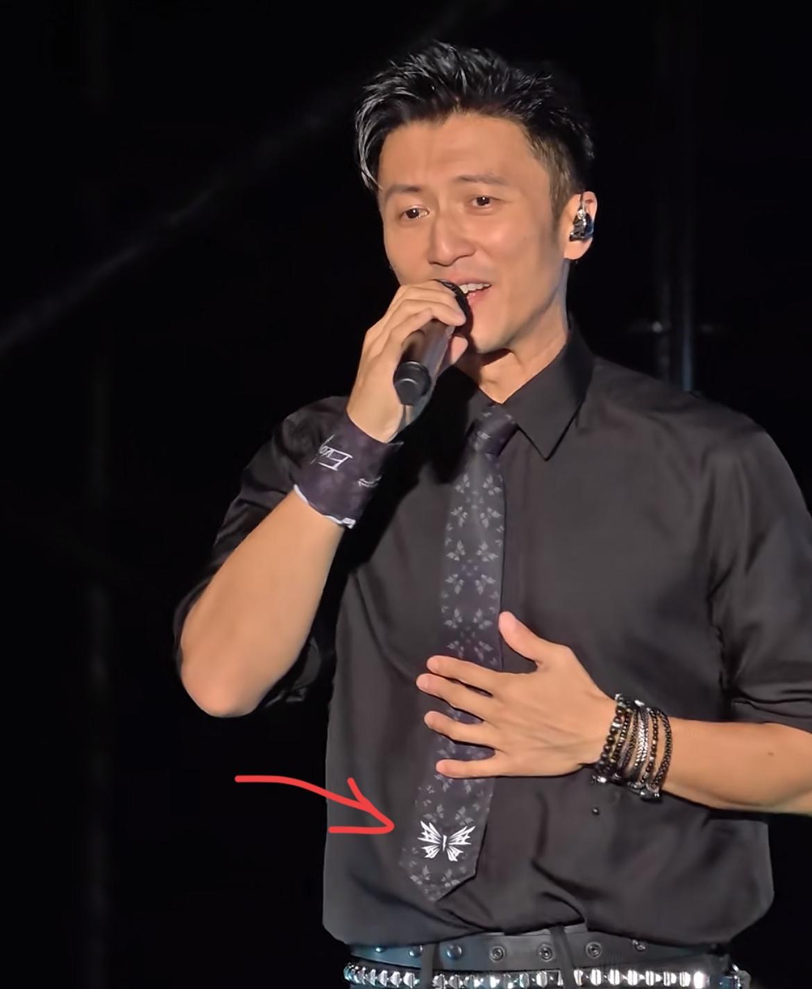 这一夜
王菲估计躲在被窝里抹眼泪
因为她的男人谢霆锋，在演唱会上戴了一条有白蝴蝶