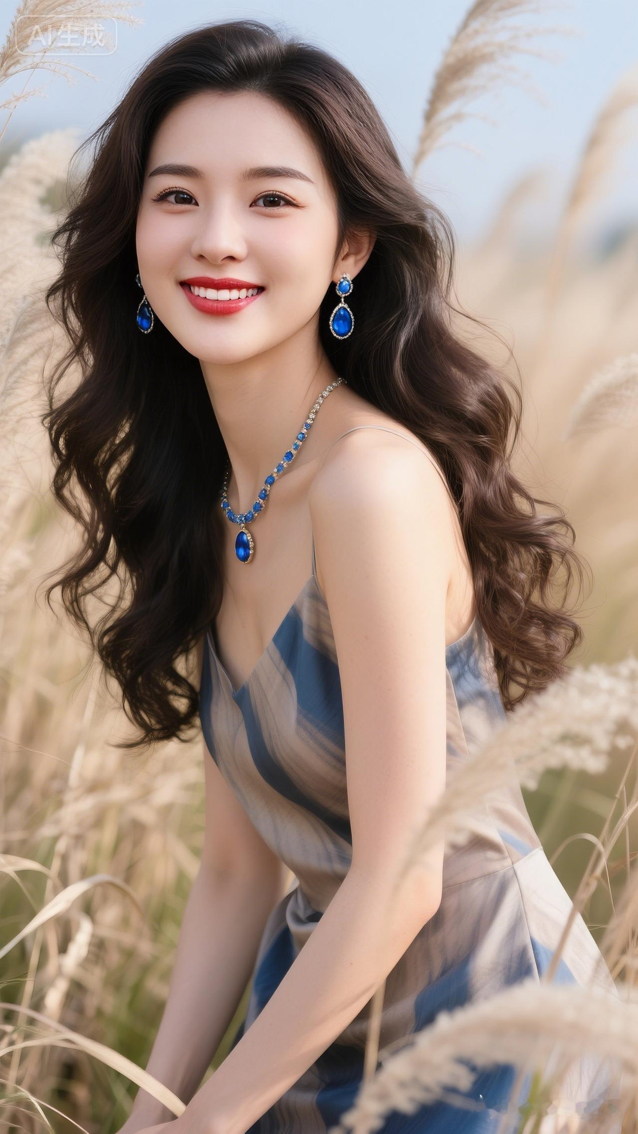 夏日田野里的甜美笑容，蓝宝石项链闪耀着光芒。🌿💎😊