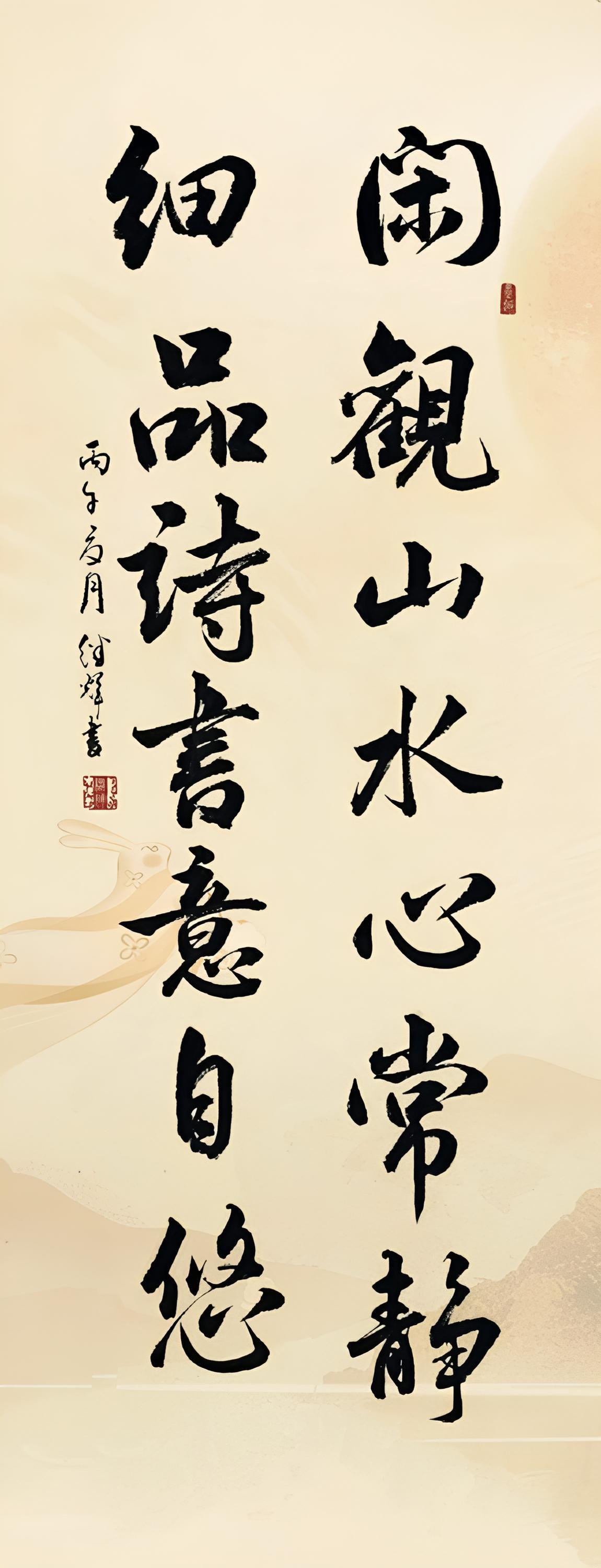 今日分享行书对联创作，“闲观山水心常静，细品诗书意自悠”，这是一种淡然清静的生活