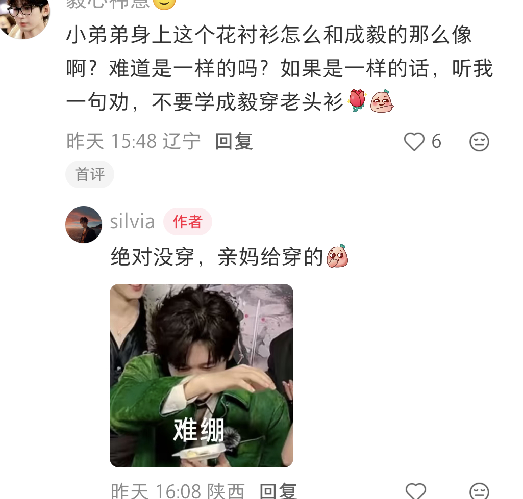 有个小朋友穿的花衬衫抱着纯享评论区：别学成毅穿老头衫成毅老头衫这一块真有权威哈哈