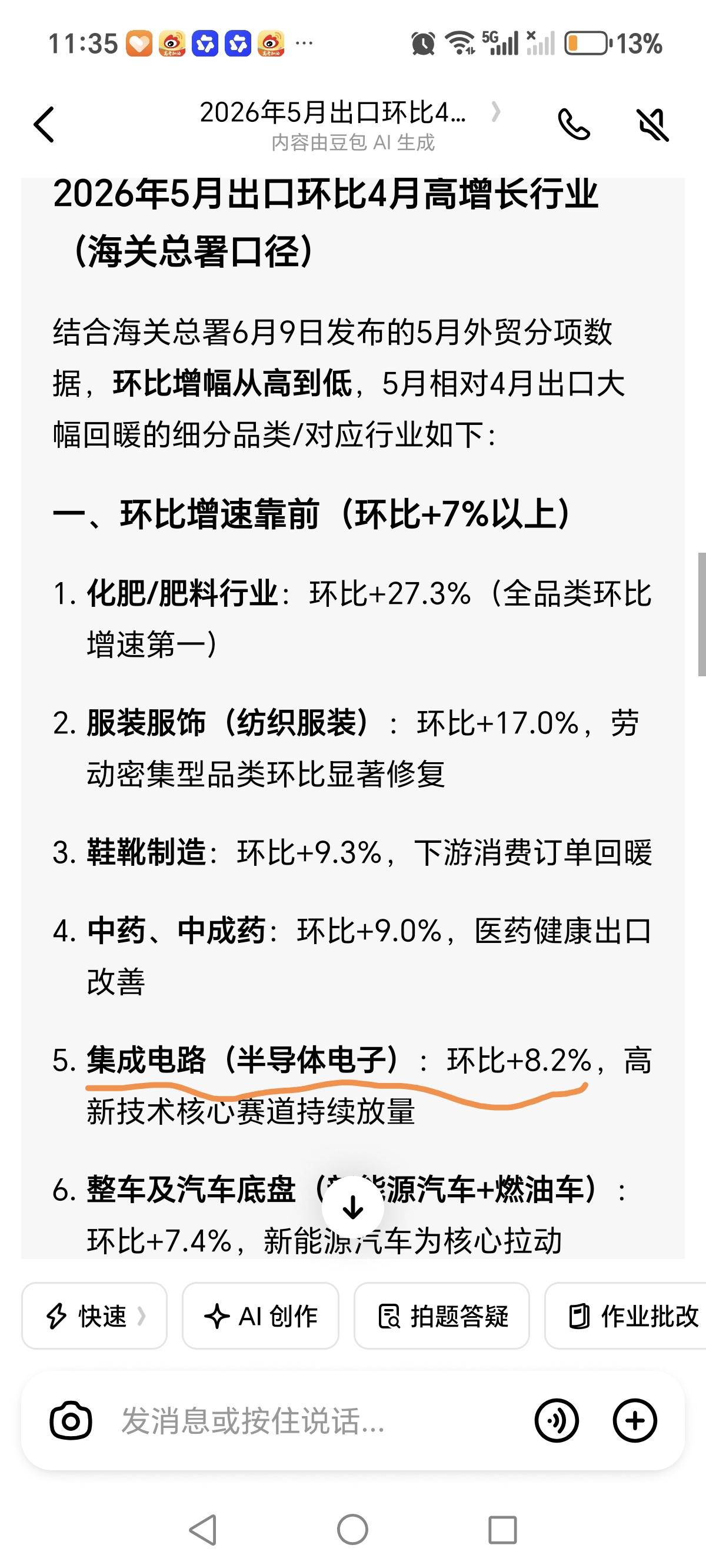 重磅！6月9日，根据海关总署的数据，集成电路（半导体电子）5月份环比4月份增长8