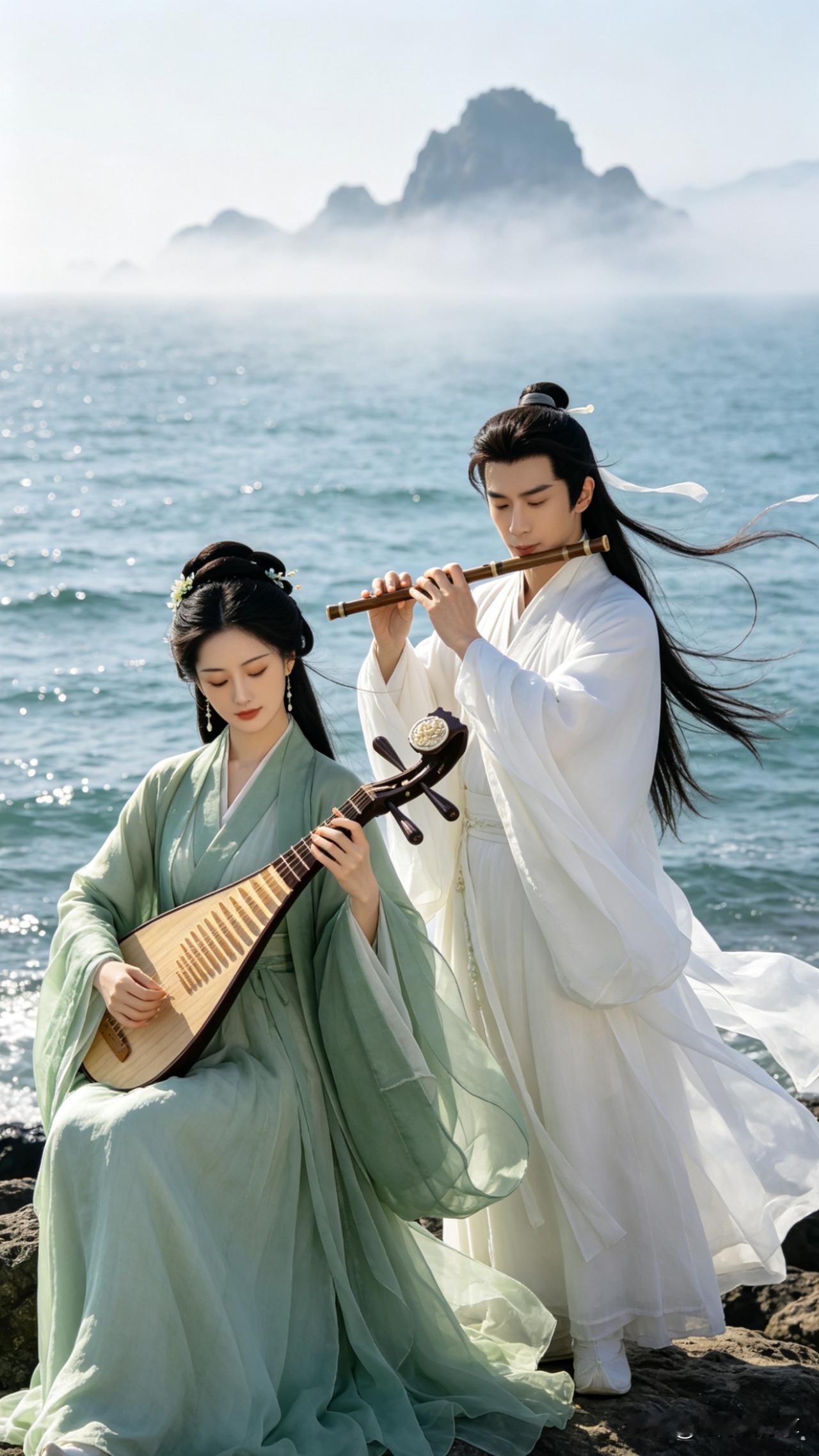 鹧鸪天·海畔知音

碧海苍茫暮色柔，金风拂袖立矶头。
玉人低按相思调，公子横吹万