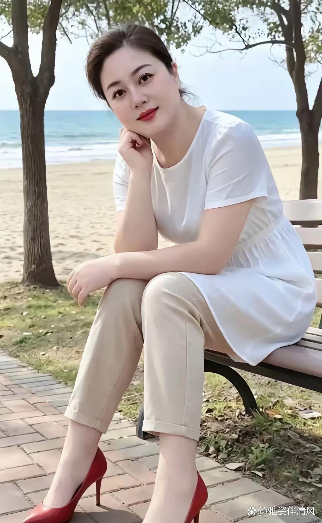 穿着白裙子的女士坐在长椅上。