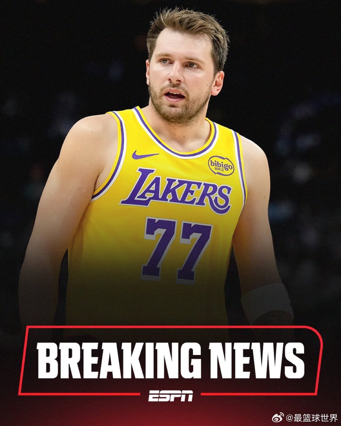突发消息：洛杉矶湖人队球星卢卡·东契奇因左腿筋受伤将无限期缺阵。消息人士告诉Sh
