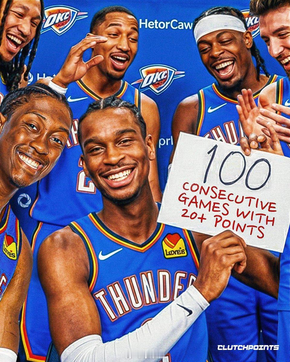 亚历山大连续得分20+的场次记录已达100，离打破张伯伦的126场联盟纪录仅差2