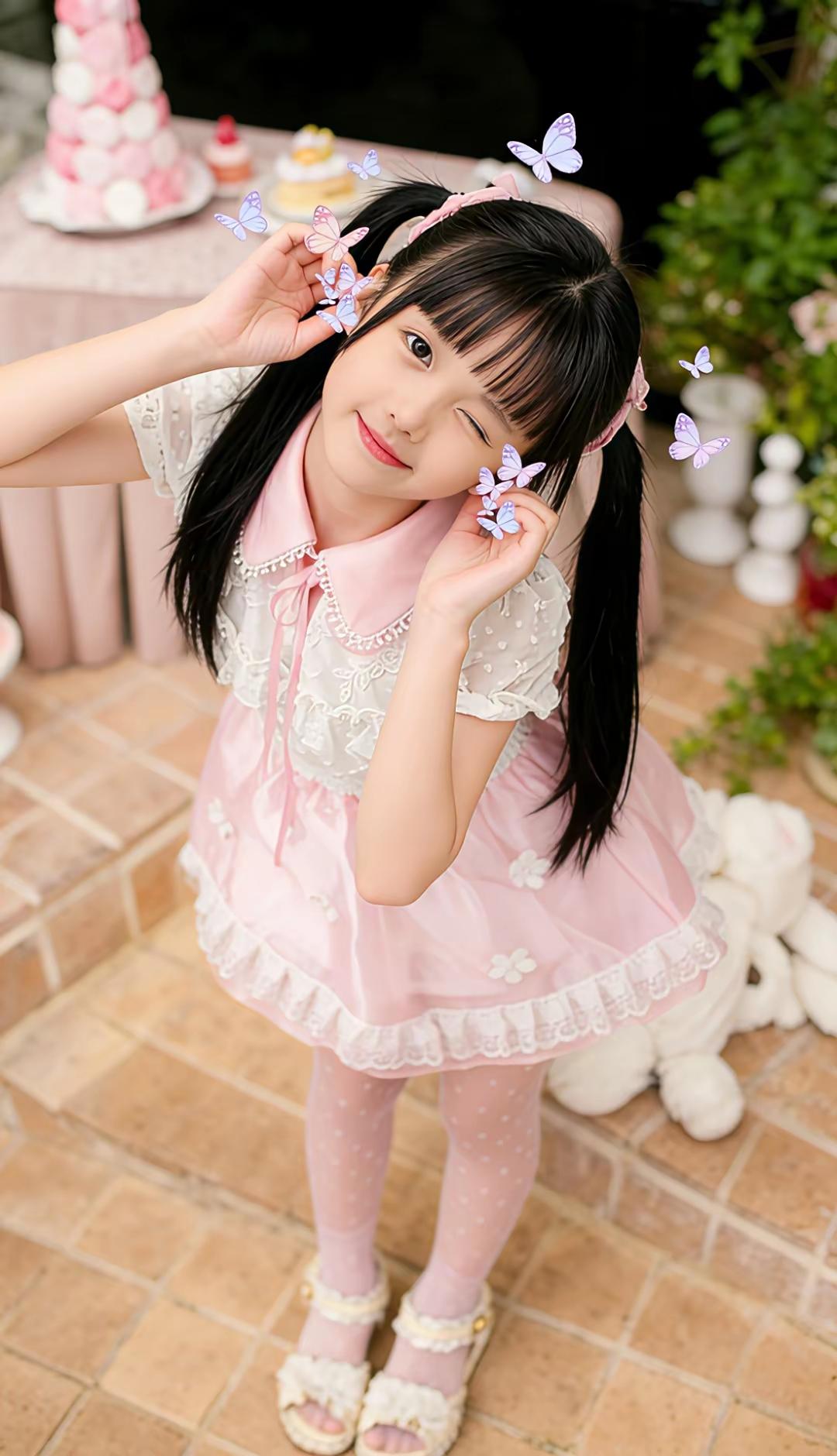 梦幻少女风，粉色公主裙，蝴蝶发饰，甜美可爱！🌸💖🦋