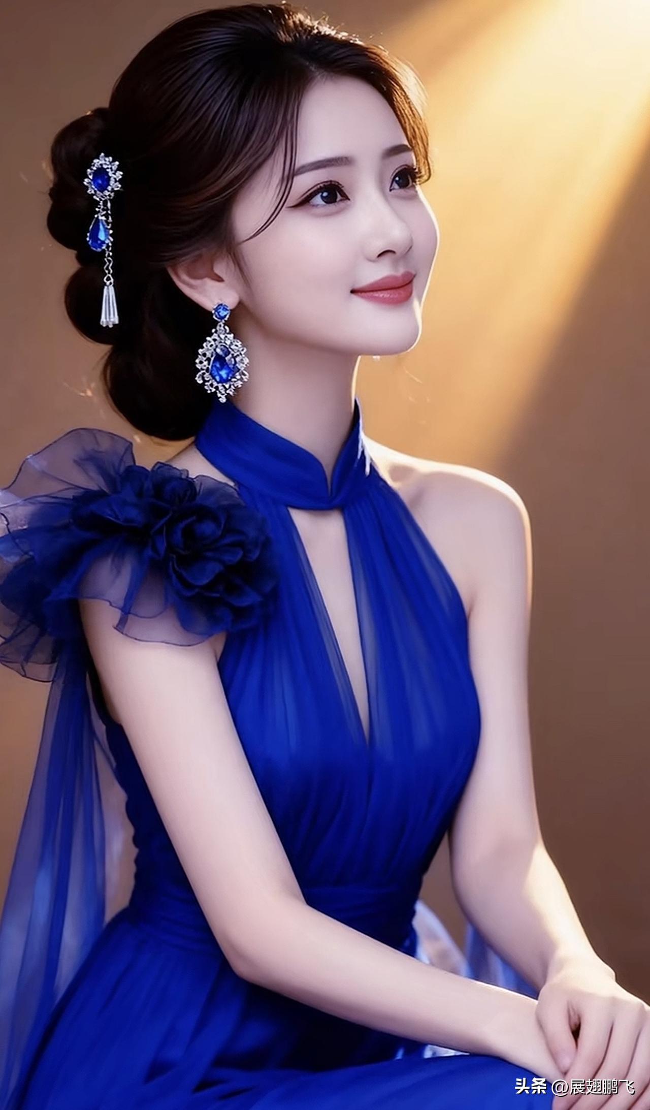 优雅蓝裙，闪耀耳饰，气质如画淡雅蓝裙照 梦幻蓝裙造型 紫色小花耳饰 梦幻蓝裙造型