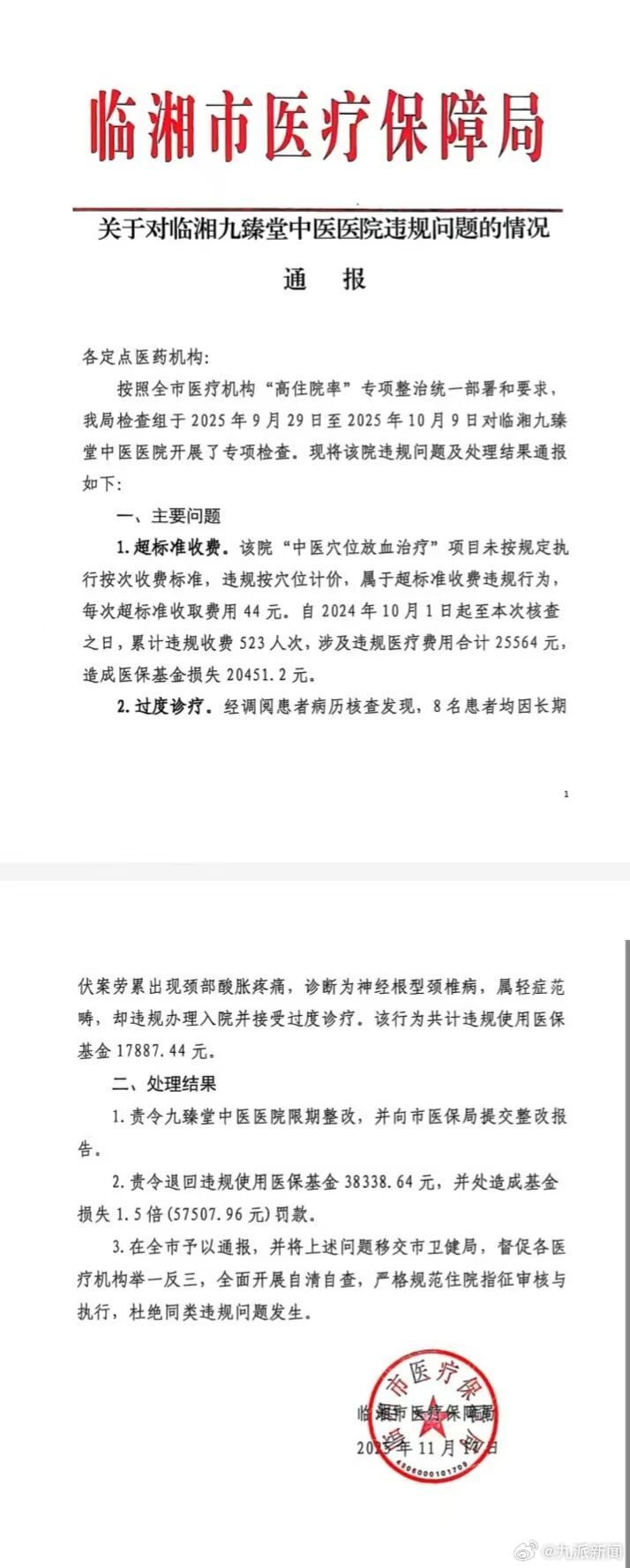 【：责令限期整改，罚款57507.96元】11月18日，湖南岳阳临湘医疗保障局微