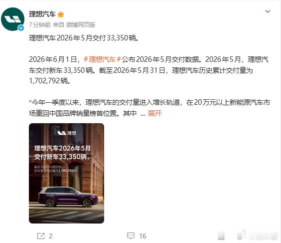 来了来了，理想汽车五月交付三万三，那这个成绩比我预想的好多了毕竟，那么多车都停售
