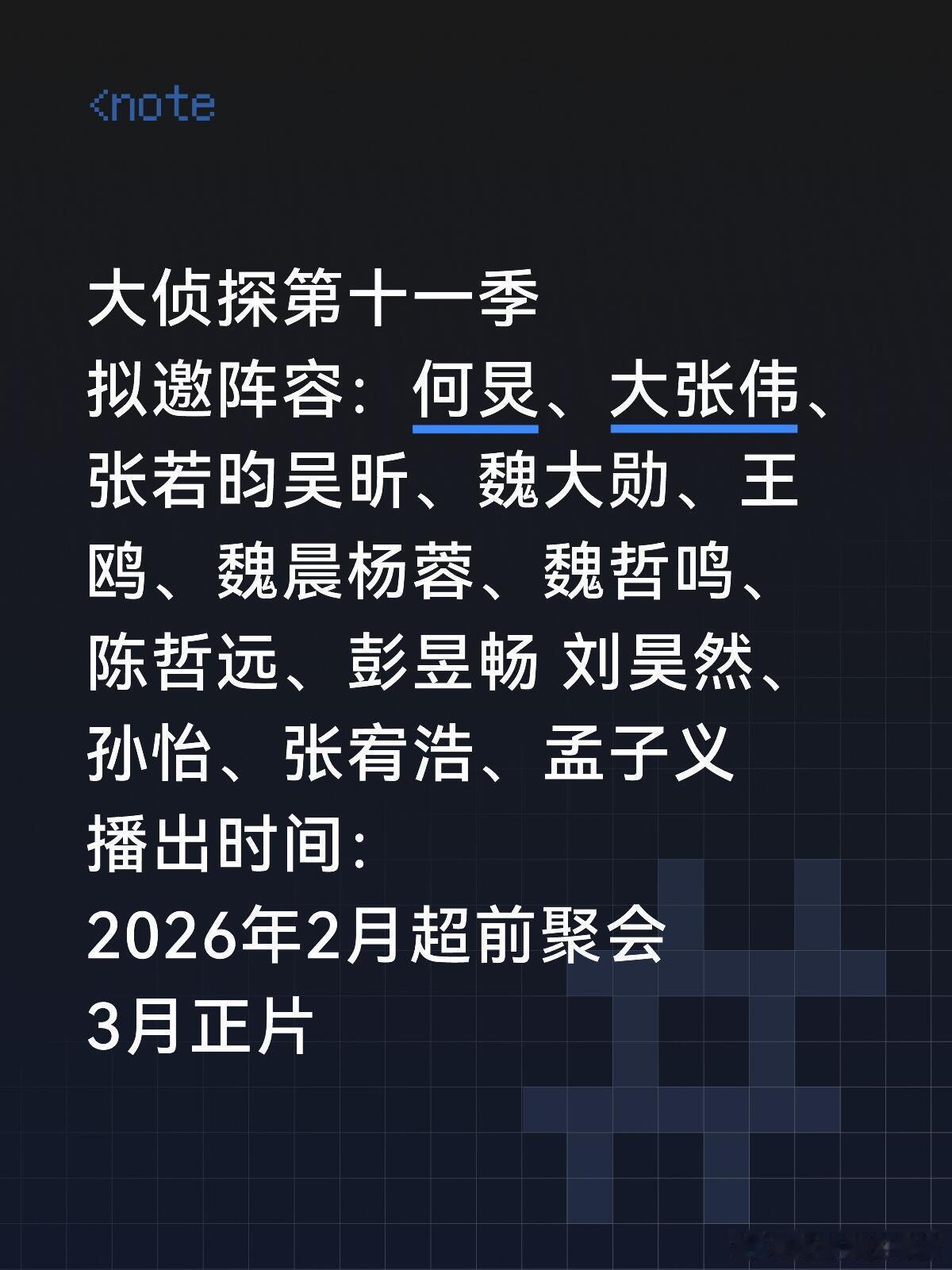 ‼️大侦探第十一季🔥💡大侦探第十一季🔥拟邀阵容：何炅、大张伟、张若昀吴昕、