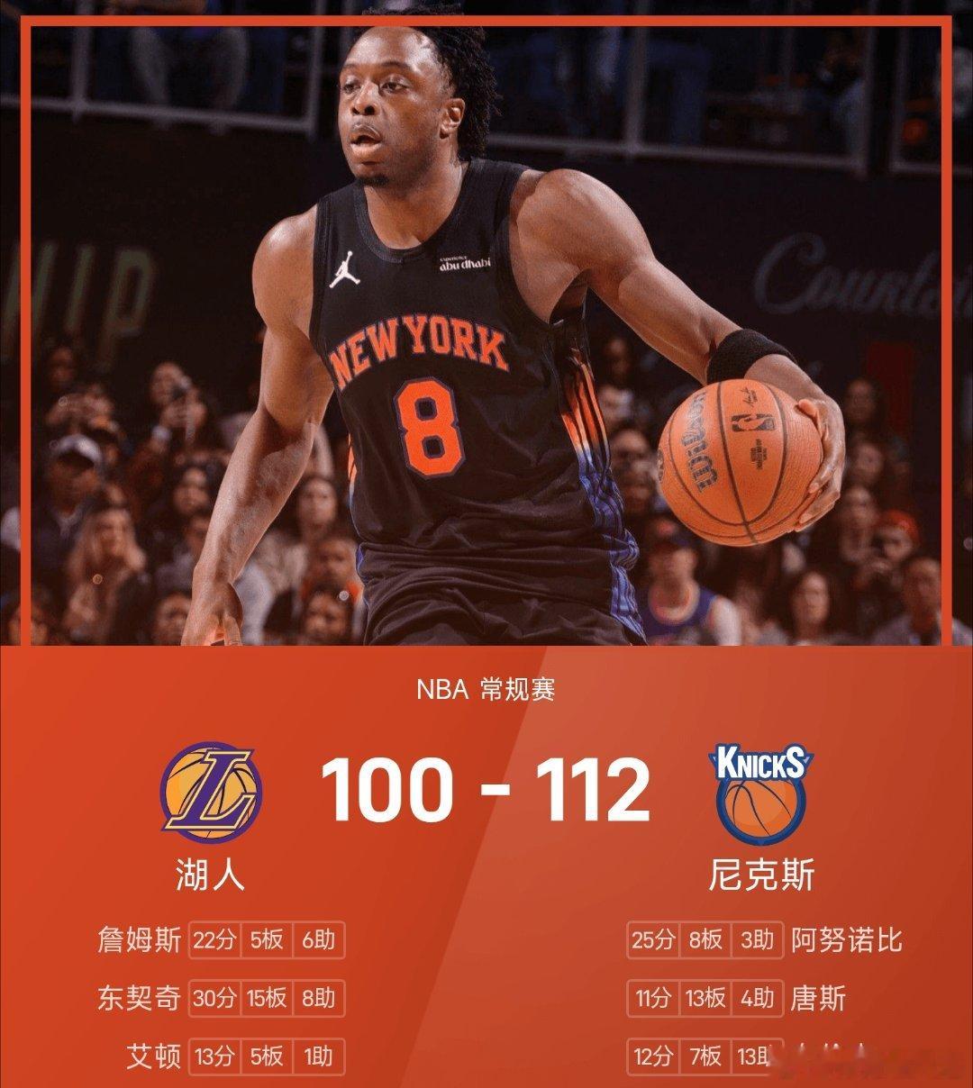 詹姆斯连续22年入选全明星湖人vs尼克斯nba 尼克斯112-100战胜湖人。阿