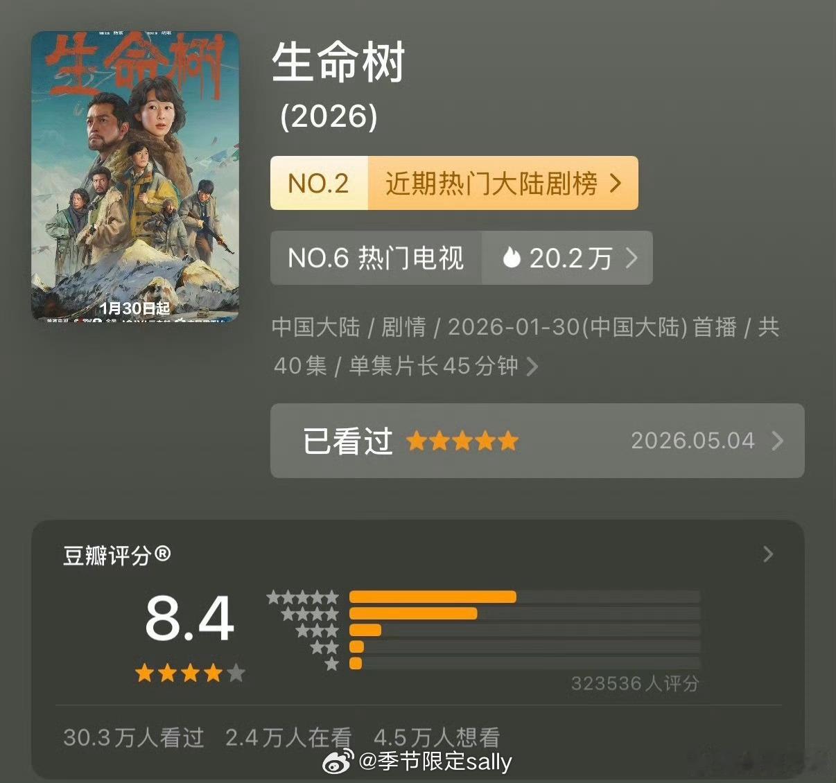 杨紫生命树豆瓣涨到8.4