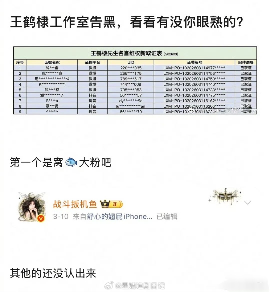 王鹤棣工作室公布告黑进度 第一个是虞书欣大粉吧？支持维权👊🏻 