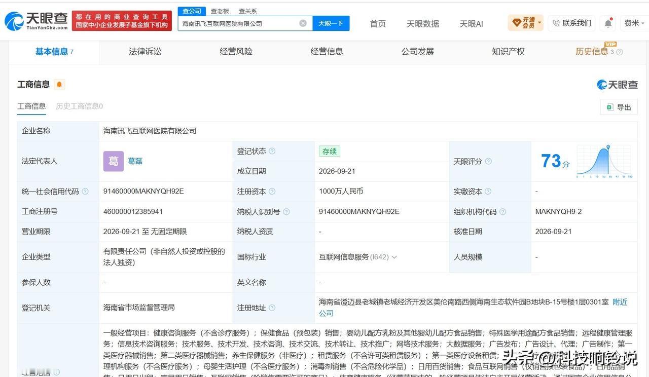 【讯飞医疗在海南成立互联网医院公司 注册资本1000万】
天眼查App显示，近日