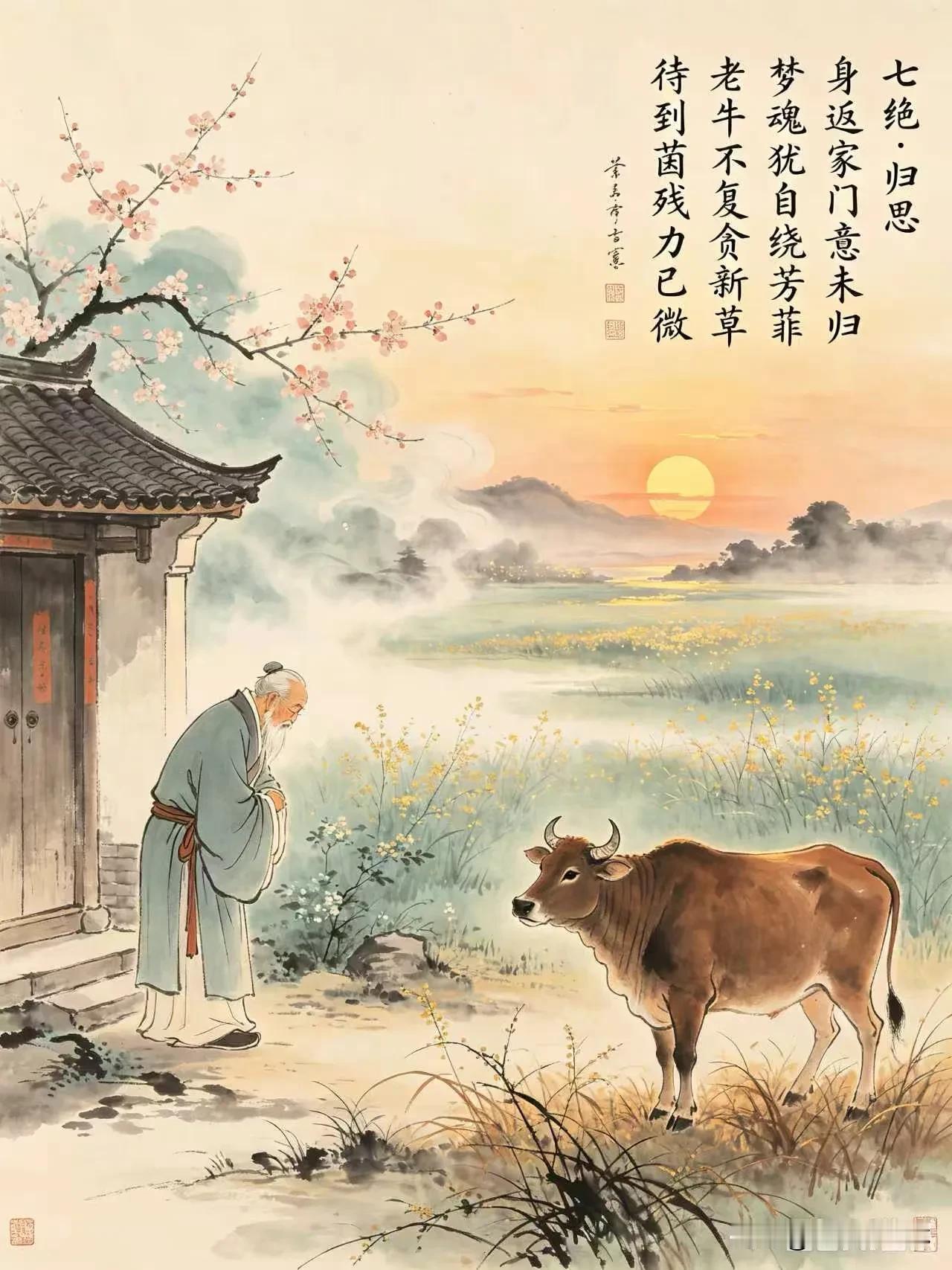 七绝·归思
身返家门意未归，
梦魂犹自绕芳菲。
老牛不复贪新草，
待到茵残力已微