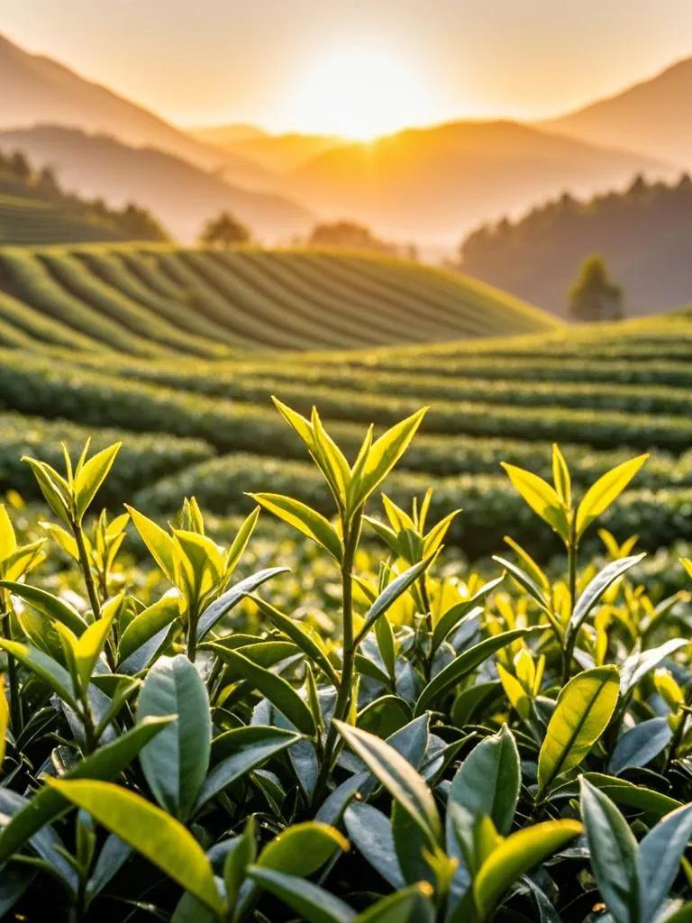 泸县道林沟茶园，夕阳倾洒金芒。茶树披纱，新芽弄影，余晖茶香里，时光仿若温柔静躺。