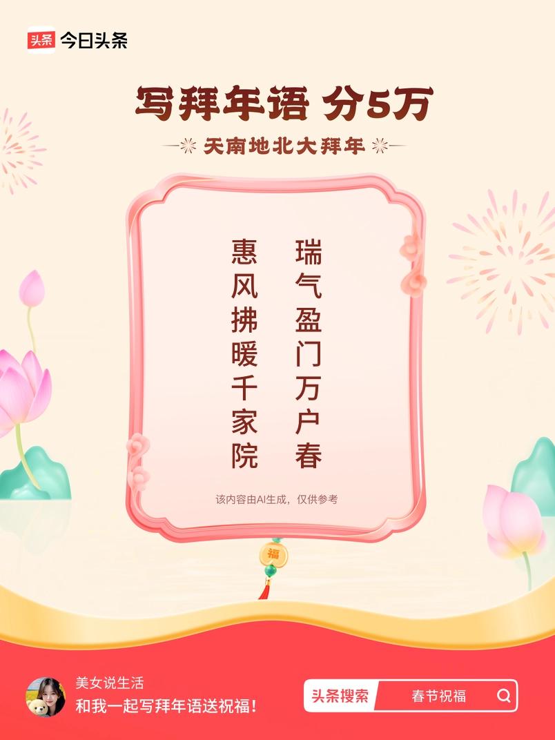 写拜年语送祝福新春拜年送祝福！我的祝福是：“惠风拂暖千家院，瑞气盈门万户春”！快