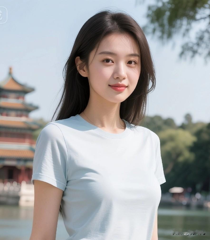 一袭简约白T牛仔，真的是永远的神！👍 在这湖光山色里，无论什么时候拍，简约穿搭