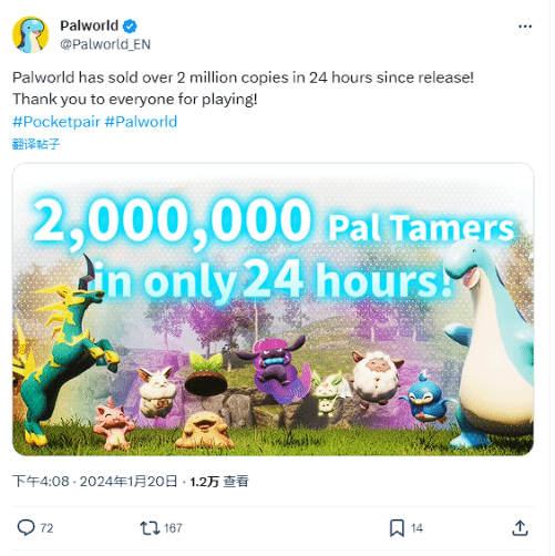 游戏开发商Pocketpair发布喜讯：《幻兽帕鲁》上市第一天破百万销量