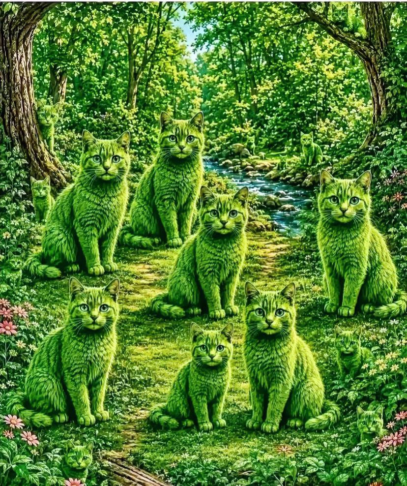 刚刚刷到了这张图，有人说图片中只有14只猫，而我认真看了3遍，发现有17只猫，友