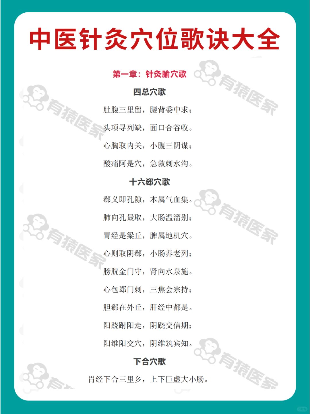 针灸学歌诀无非就这些，记不住抄100遍！