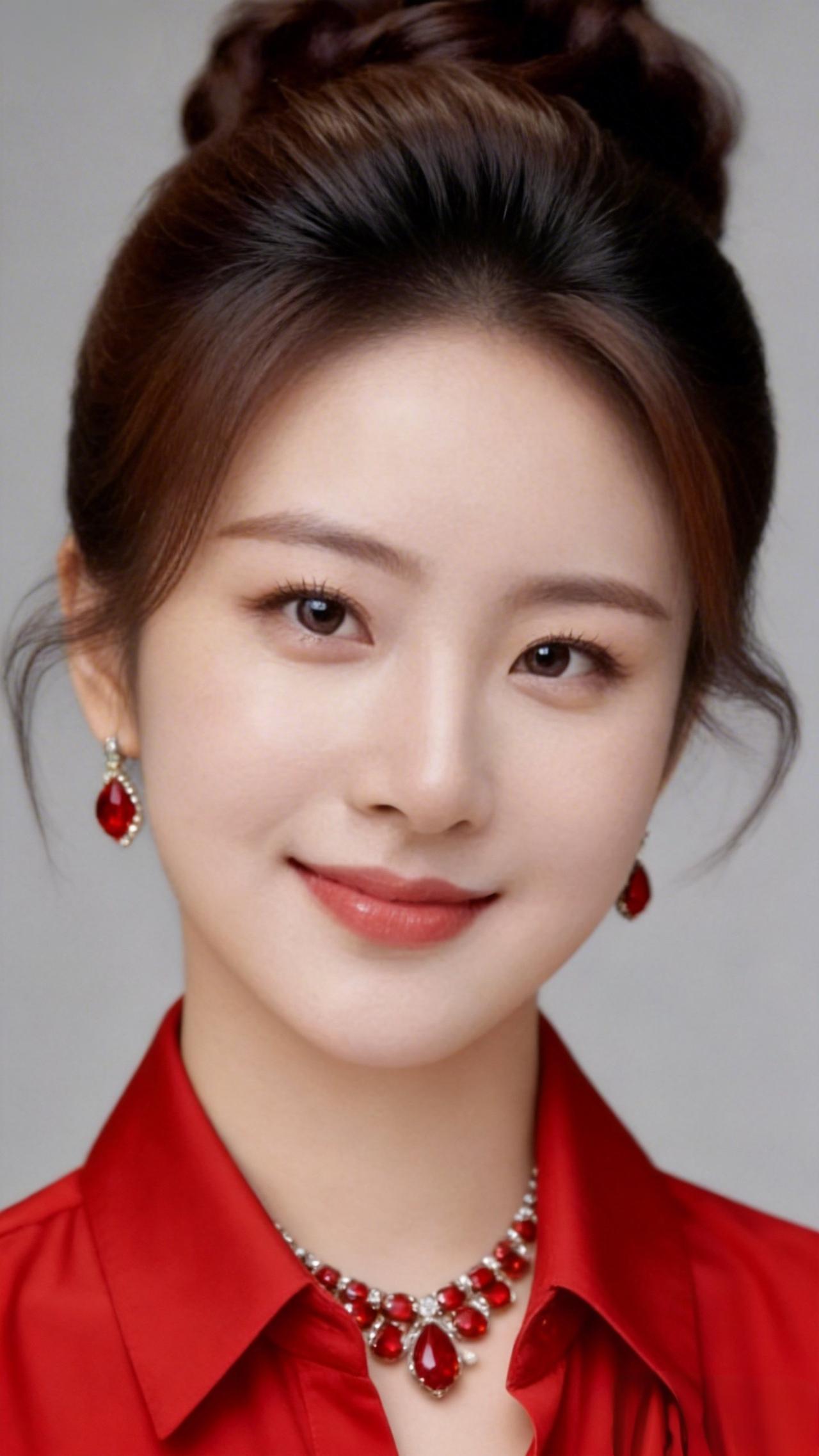 优雅红衣少女，微笑动人，珠宝闪耀，完美搭配！