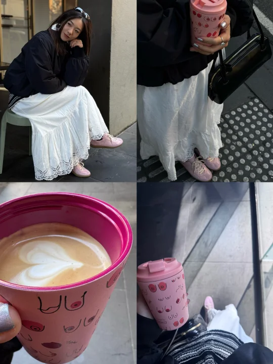 Love my pinky boobie cup&trainers🩷