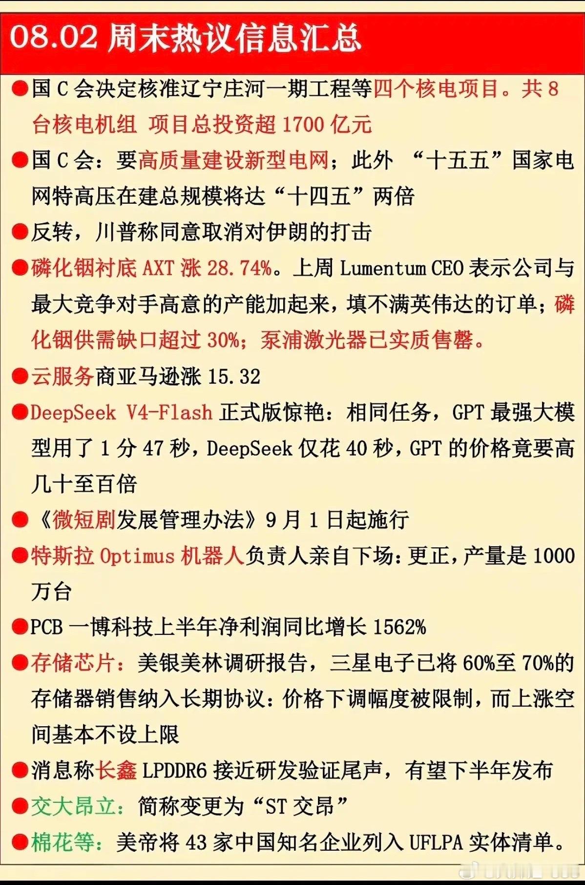 8.02周日  晚间：财经热点信息参考！1.核电核能2.磷化铟衬底3.云服务4.