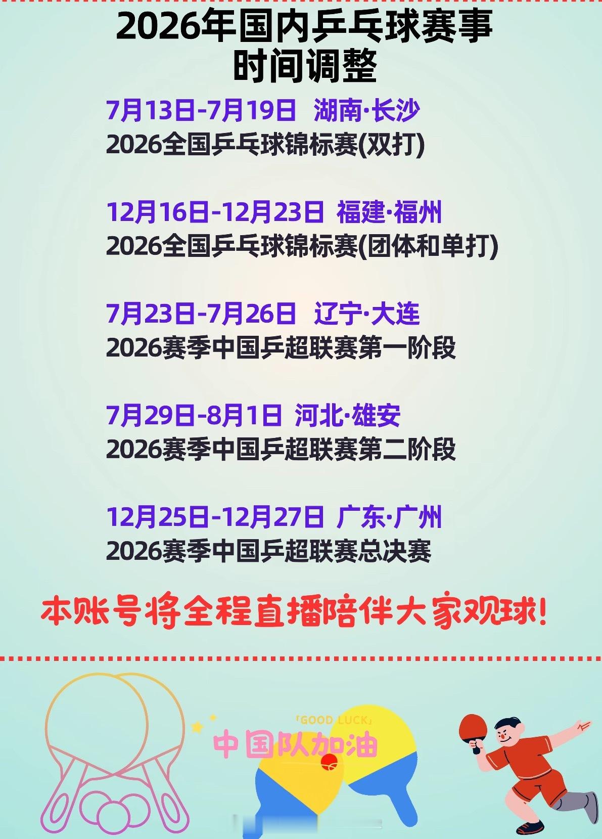 乒协官宣2026乒赛布局 全锦赛乒超异地分赛助力奥运备战中国乒协公示2026赛事