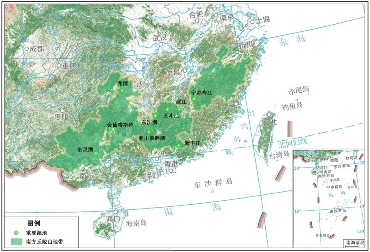 南方丘陵山地带重要湿地布局示意图