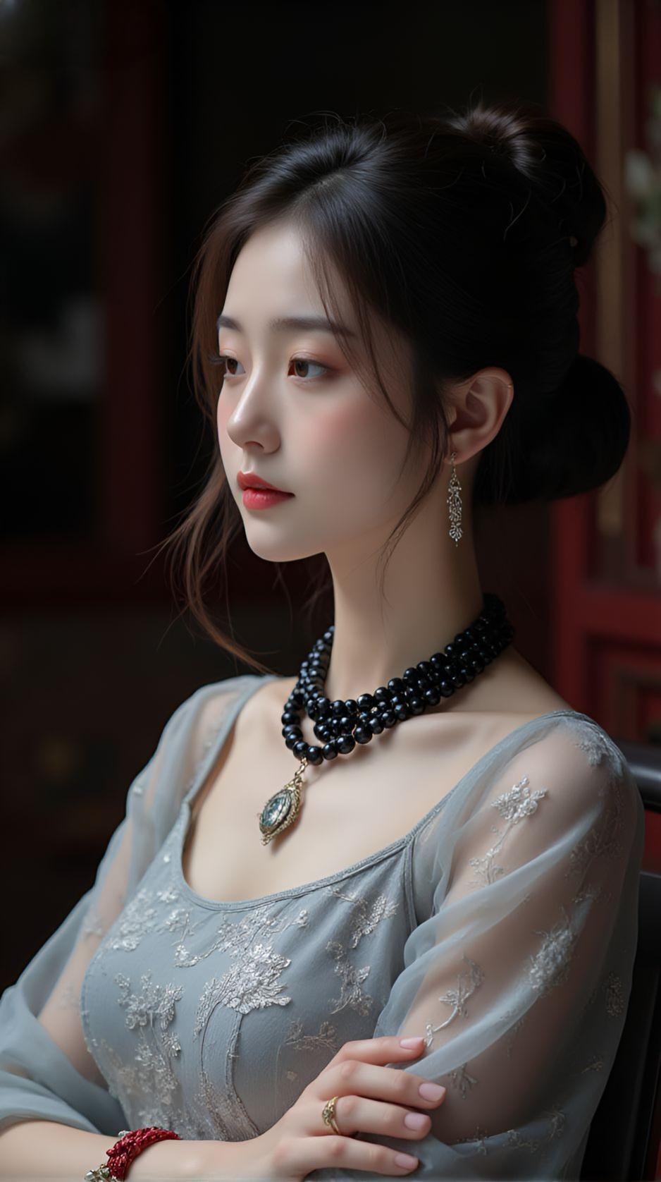 《静院思》

闲庭静院影沉沉，
玉面凝眸思远人。
珠络轻垂衣胜雪，
一帘风月旧光