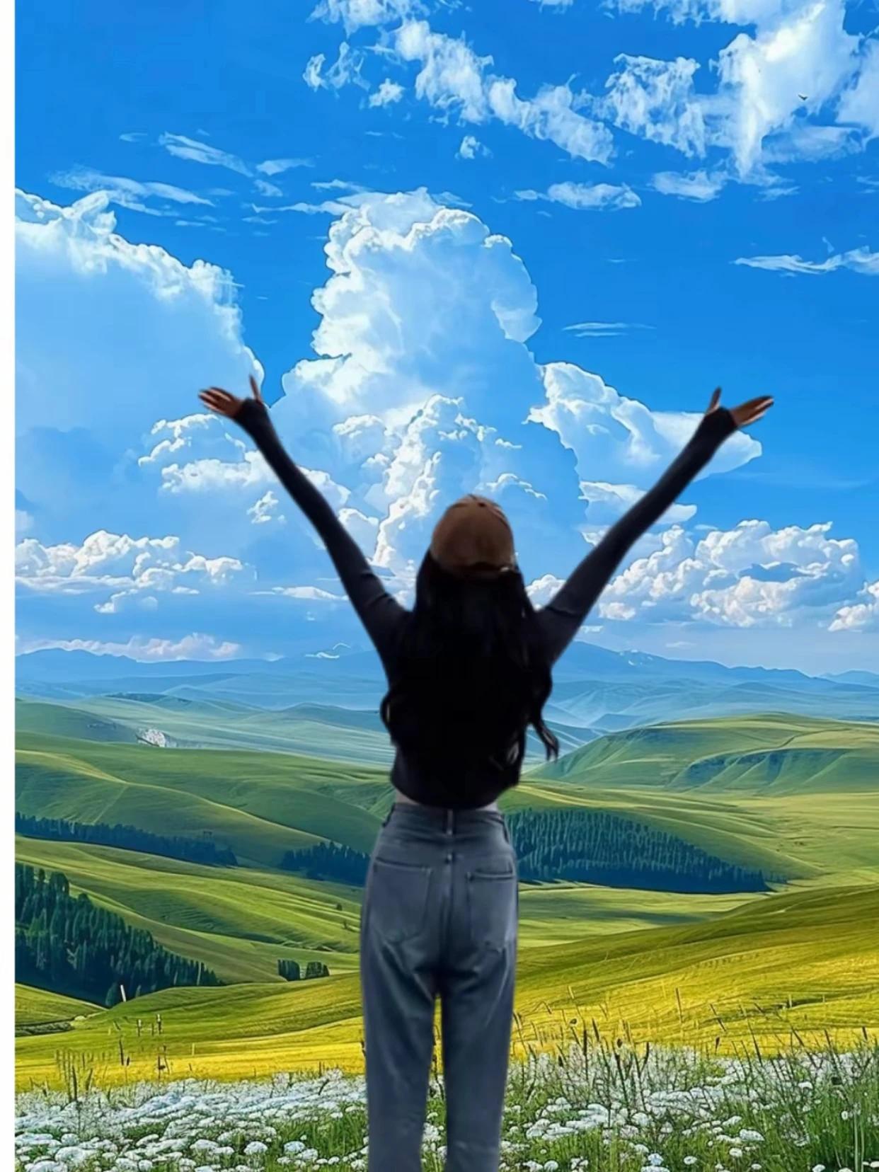 七绝:《旷野抒怀》
 云卷千峰入画屏，
风舒两臂抱天青。
心随草色连天际，
怀抱