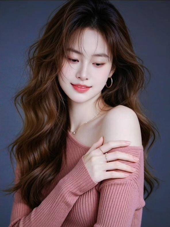 温柔甜美的少女，粉色毛衣搭配自然妆容，散发着迷人的魅力。