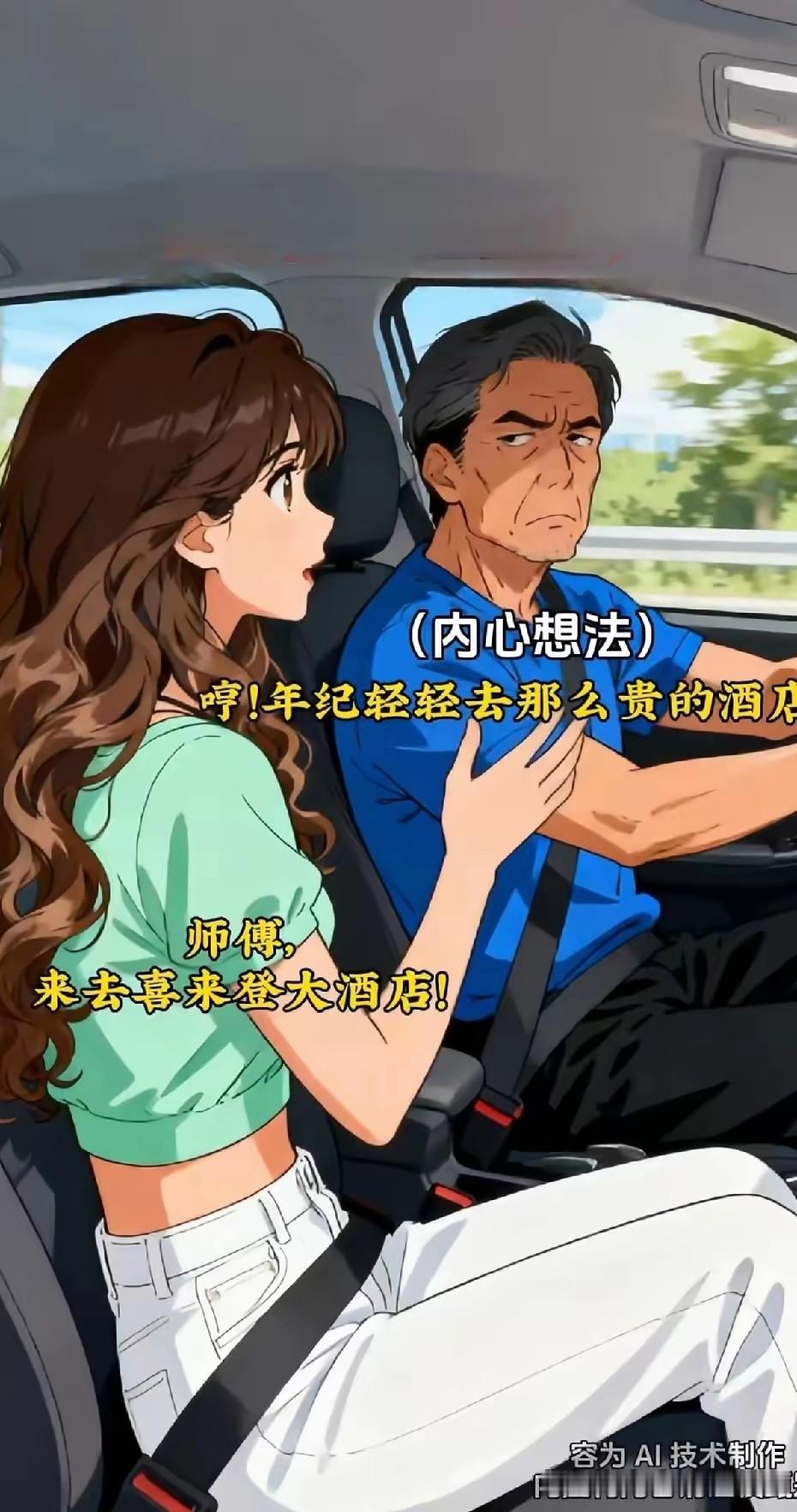 美女搭乘出租车去某宾馆，
司机酸溜溜地说“你们这些白领挣钱真容易，1000元的酒