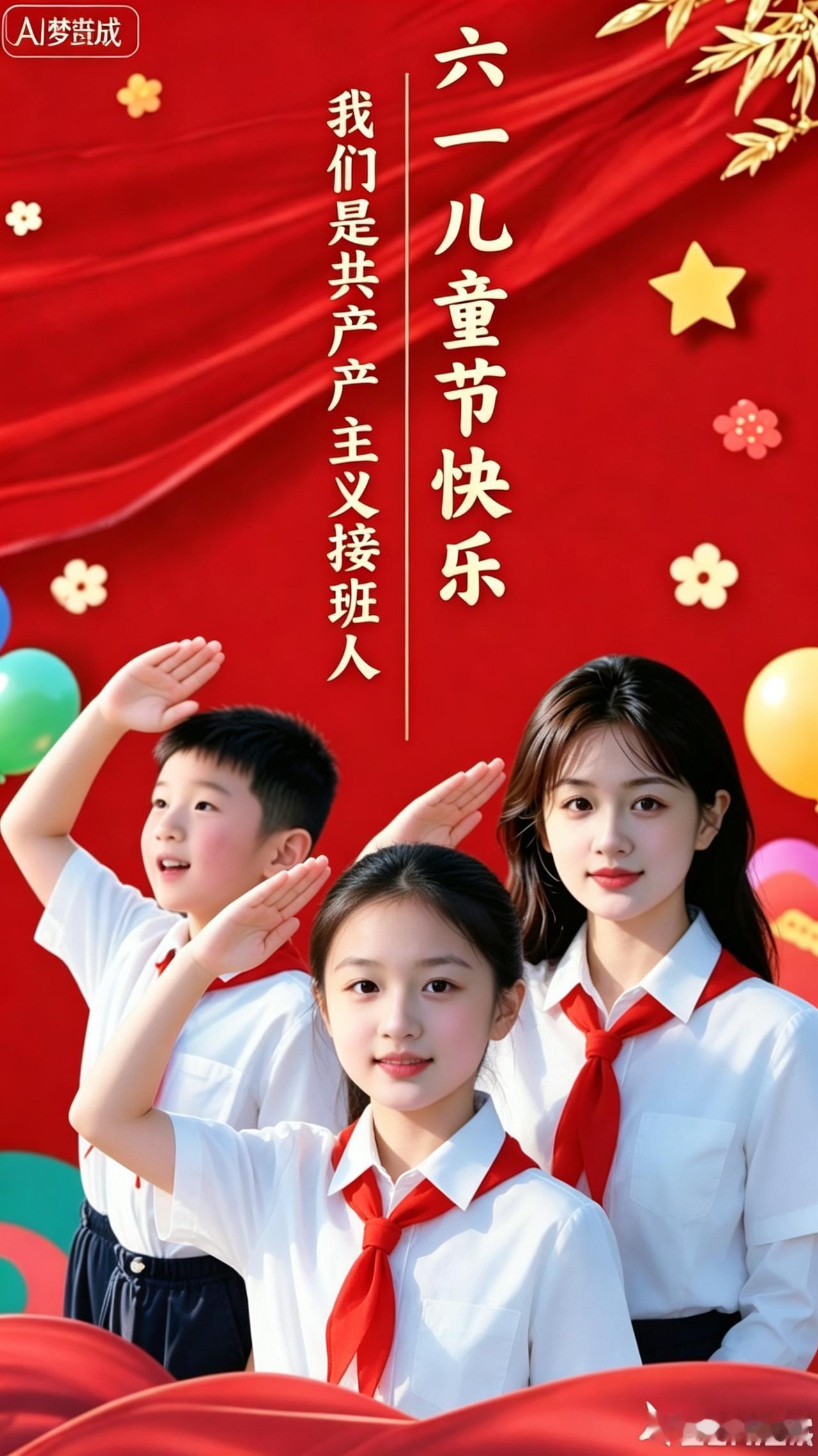 老师身后笑意满颜
俩娃在前将队礼端端正正举起
红领巾随风飘展，看着就精神抖擞
三