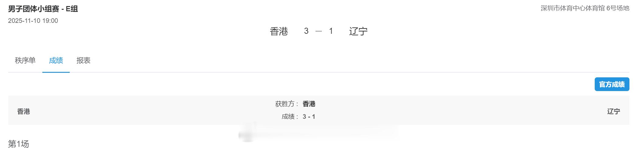 第十五届全运会 男团成年 E组 香港队 3 : 1 辽宁队 男单 吴英伦 21-