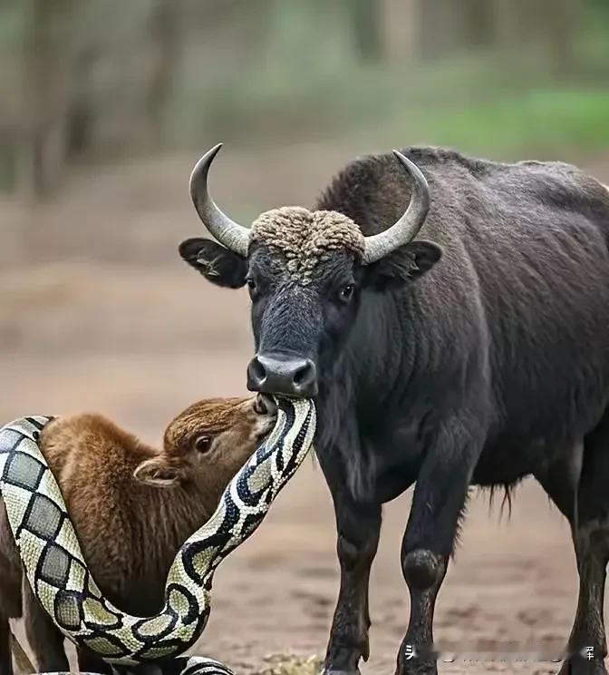 画面中，一只小牛仔被一条五花八纹的大蟒蛇缠着不放。
远处，一只母牛跑过来，紧紧瞅