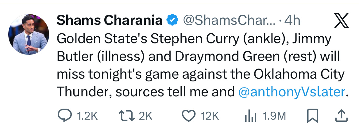 库里，追梦和巴特勒今天都会缺席对阵雷霆的比赛 库追巴缺战雷霆