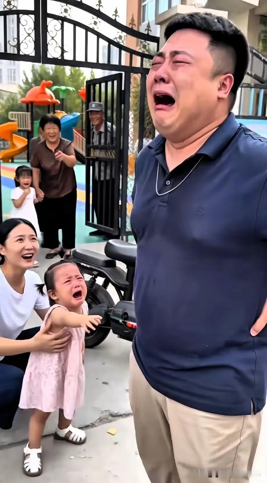 爸爸送女儿第一次上幼儿园，哭得稀里哗啦。妈妈本想哭，却被爸爸抢了风头。孩子第一次