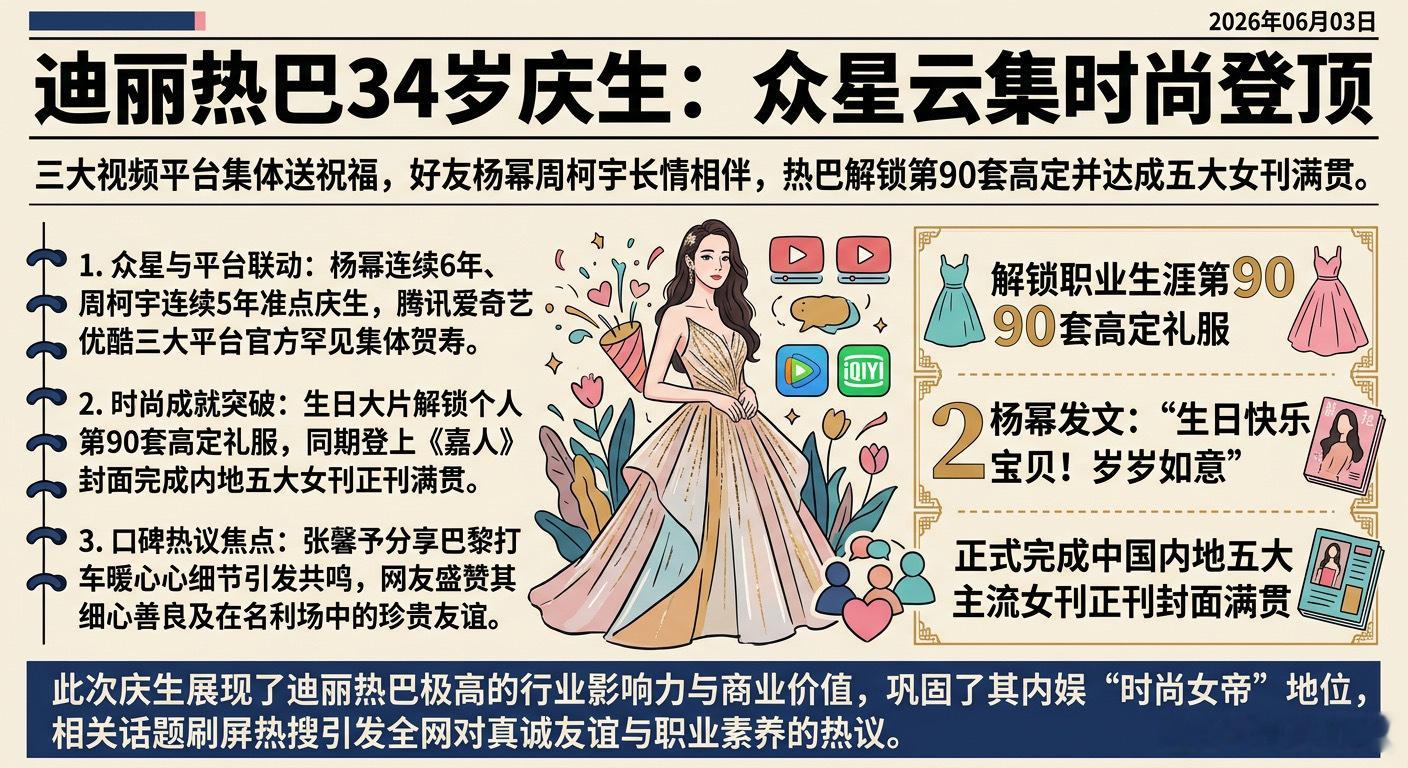 生辰满堂暖意相伴，迪丽热巴34岁生日尽显人缘与实力双丰收2026年6月3日，迪丽