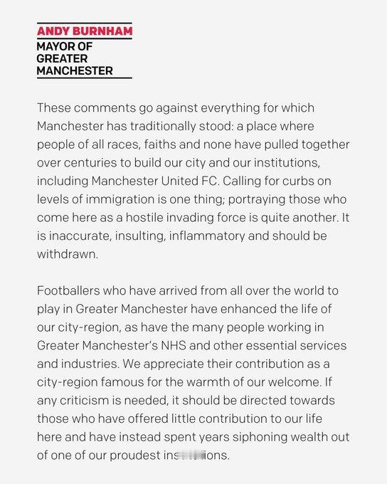 大曼彻斯特市长Andy Burnham就吉姆·拉特克利夫的评论作出回应：“如果一