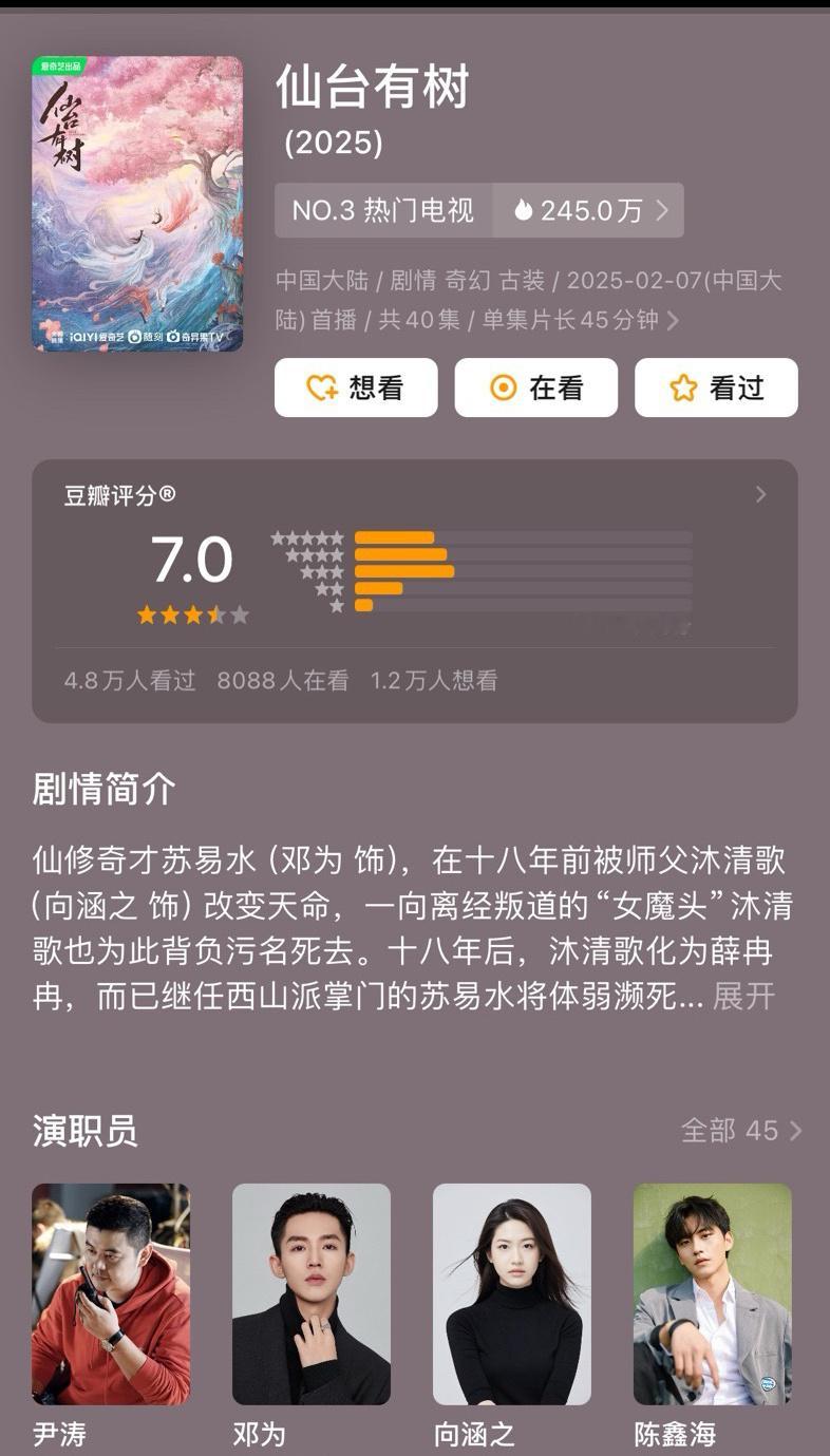 邓为和向涵之的《仙台有树》开分7.0，这分是高了还是低了？ 