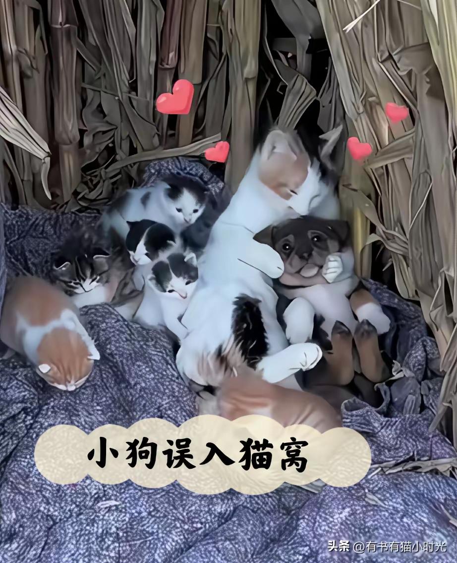 我居然在一只狗狗脸上看到了幸福。
​一只小奶狗跑到了猫窝里，猫妈妈很自然地把它抱