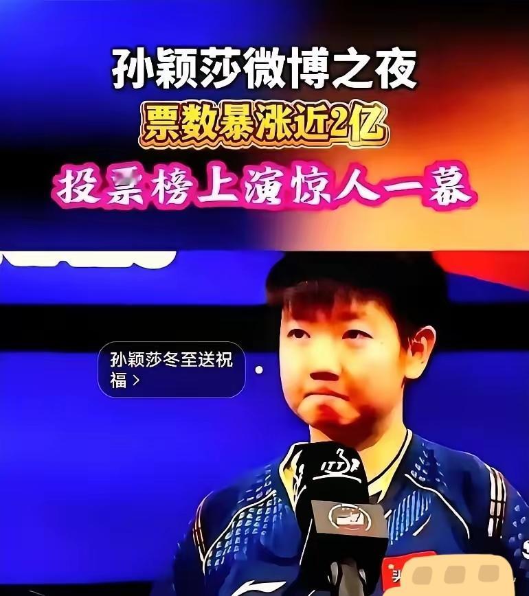 炸了！孙颖莎冬至送福后直接杀疯，微博之夜票数暴涨2亿断层登顶，这号召力谁看了不喊