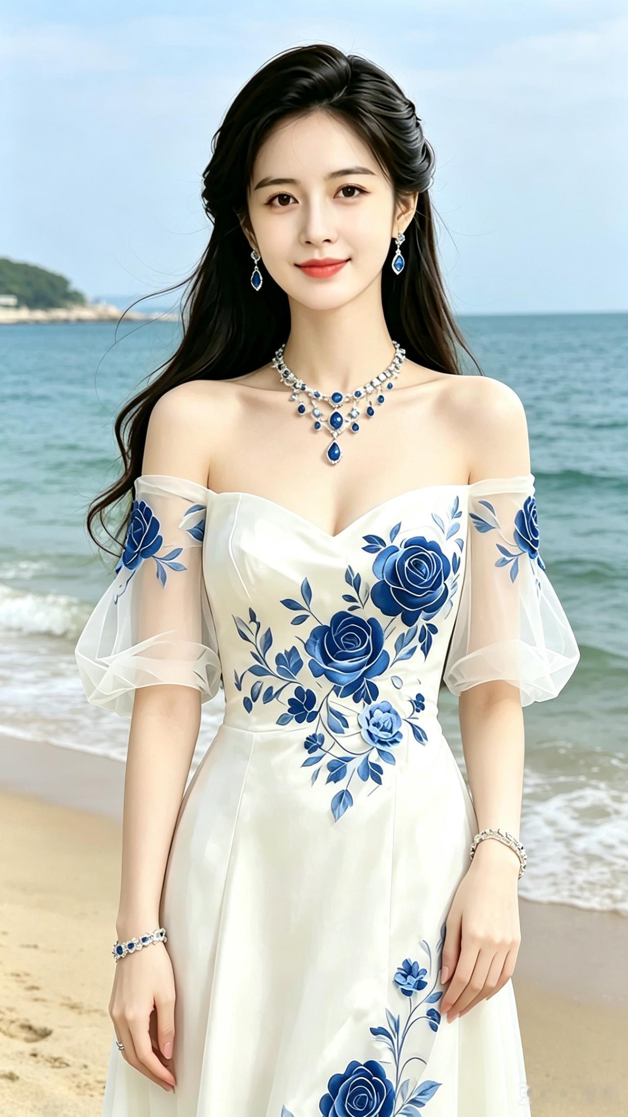 海畔倩影
浩渺晴波映晓霞，
青丝漫舞逐风斜。
嫣然一笑惊鸥鹭
诚邀诸位诗友续写，